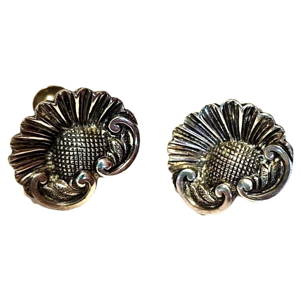 Vintage Jewel Art Noveau Abstract Shell Wave Sterling Silver Screw Back Earrings